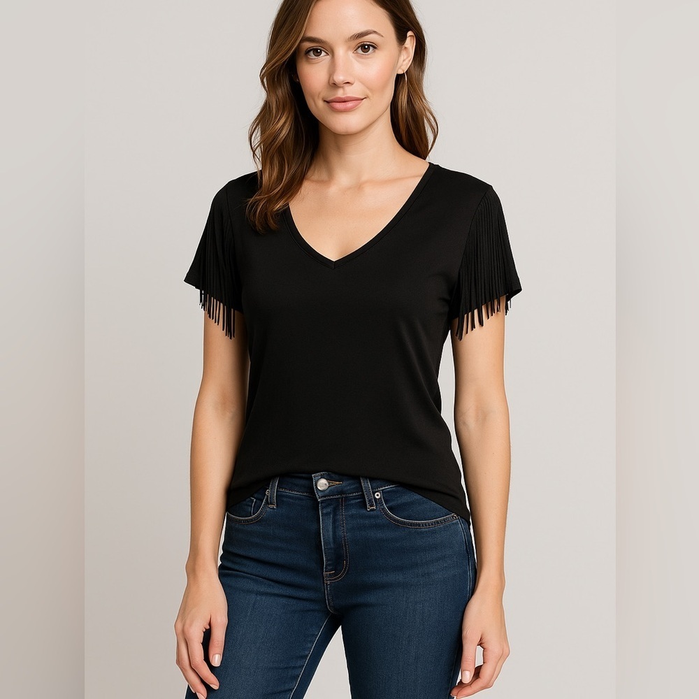 Cache Black Fringe Sleeve V-Neck Top Rayon Stretch Tee Women’s Medium